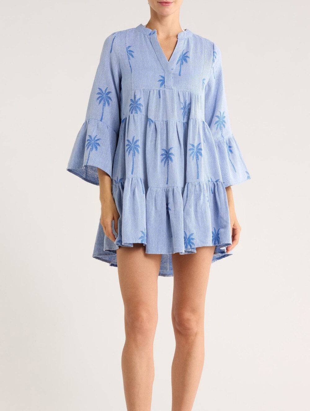 ELAN Blue Palm Tree Bell Sleeve Cotton Cover-Up Mini Dress Beach Coastal Size M